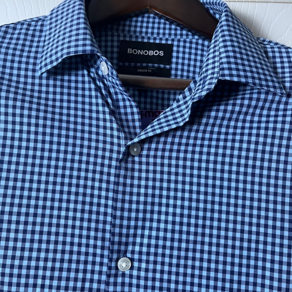 Bonobos Athletic Fit Long Gingham Button Down Shirt Blue S BSH00535A-B4097